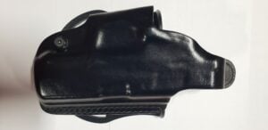 VEGA Holster, Black Leather, Belt holster w/double techno Holes. Belt loop and thumb snap. Fits BPCC pistols